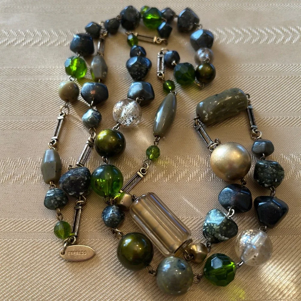 Express Vintage Italy Handmade Long Beaded‎ Necklace 90's Green Gold Earth Tones